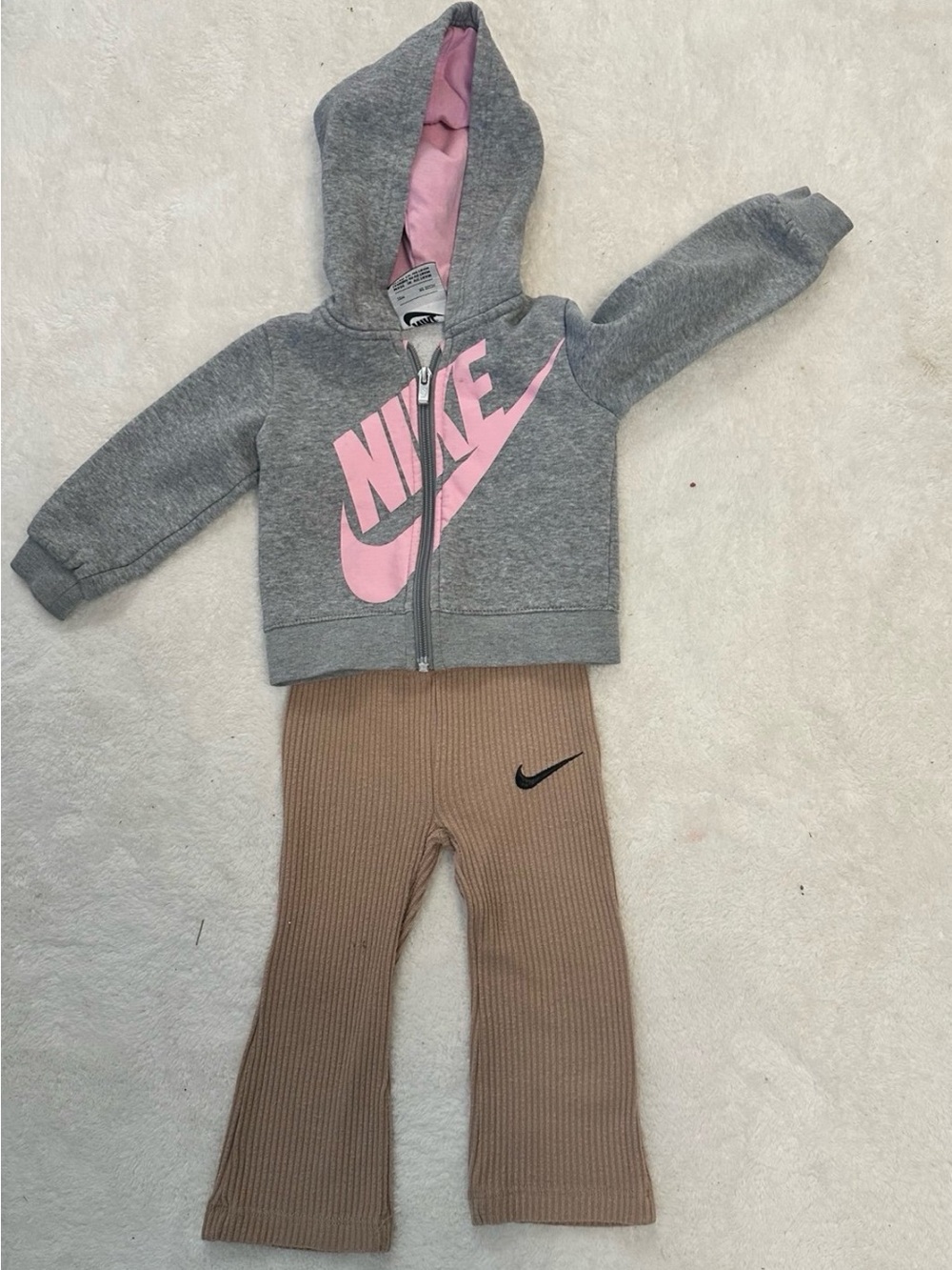 Nike Gray Hoodie with Pink Logo and Ribbed Tan Pants